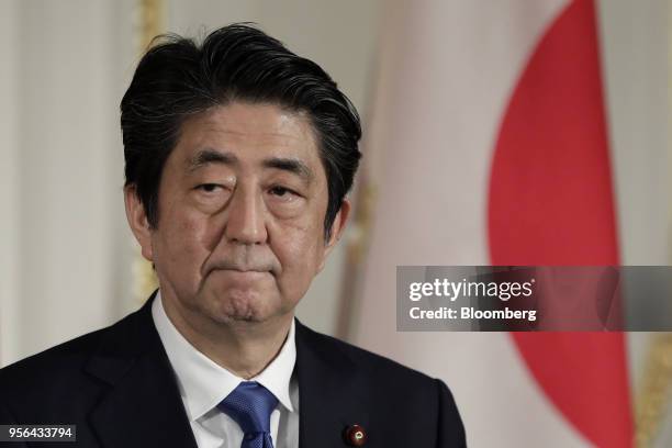 Shinzo Abe, Japan's prime minister, reacts during a joint news conference following a bilateral summit in Tokyo, Japan, on Wednesday, May 9, 2018. As...