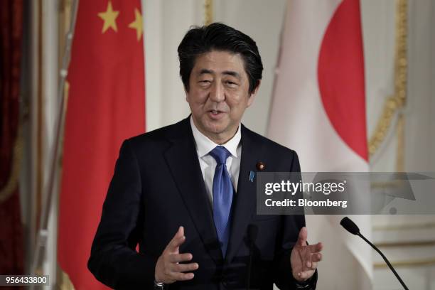 Shinzo Abe, Japan's prime minister, speaks during a joint news conference following a bilateral summit in Tokyo, Japan, on Wednesday, May 9, 2018. As...