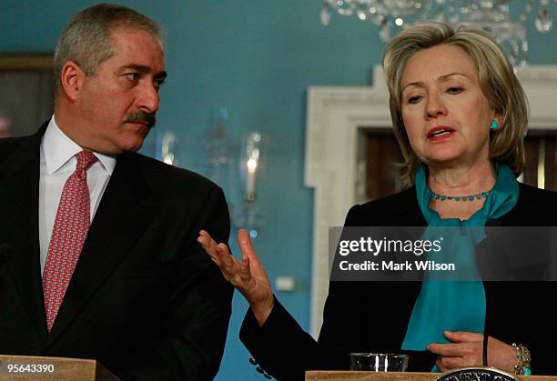 Secretary of State Hillary Clinton and Jordanian Foreign Minister Nasser Judeh deliver remarks at the State Department on January 8, 2010 in...