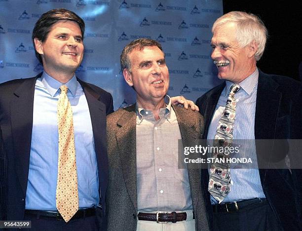 This 10 January 2000 file photo shows America Online Chairman Steve Case , Time Warner Chairman Gerald Levin and Vice Chairman of Time Warner Ted...