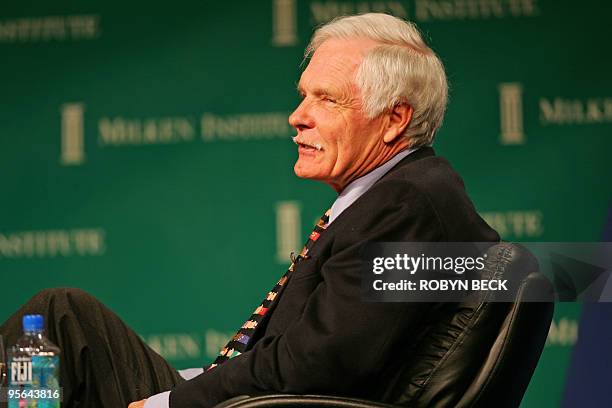 Media mogul Ted Turner particpates in a panel discussion called "Public Figure Philanthropy" during the 10th Milken Institute Global Conference in...