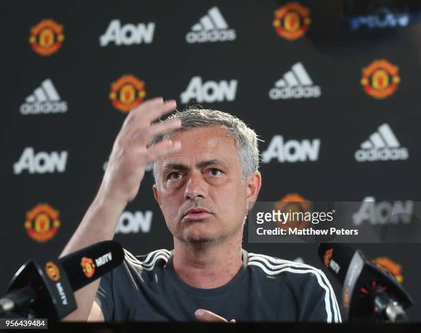 Manager Jose Mourinho of Manchester United speaks during a press conference at Aon Training Complex on May 9, 2018 in Manchester, England.