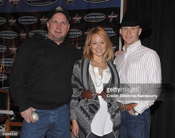 Garth Brooks, Jewel and Ty Murray attend the PBR & Garth Brooks Teammates For Kids Foundation press conference at Madison Square Garden on January 8,...