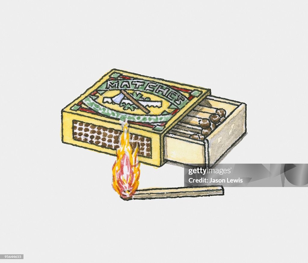 Illustration of burning match next to open matchbox