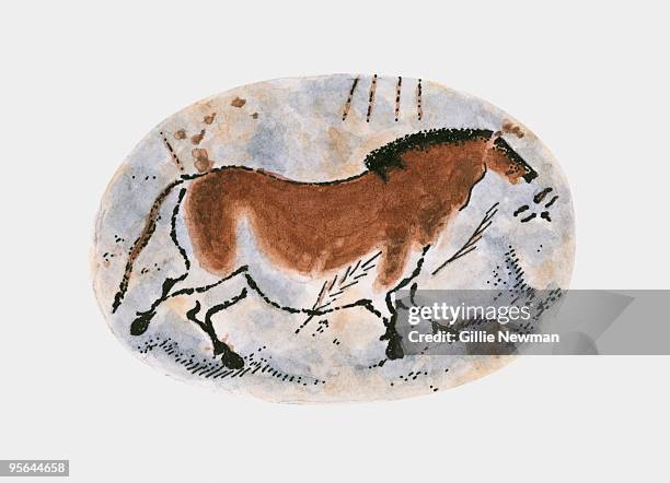 ilustrações, clipart, desenhos animados e ícones de illustration of stone age cave painting of dun horse at lascaux - lascaux cave