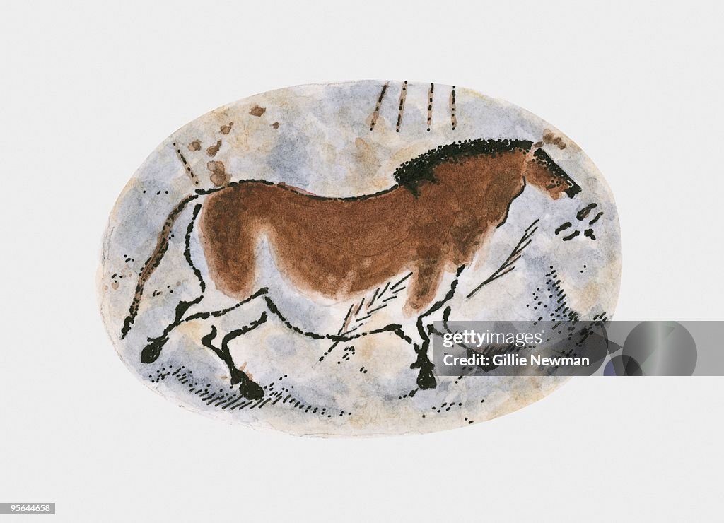 Illustration of stone age cave painting of dun horse at Lascaux