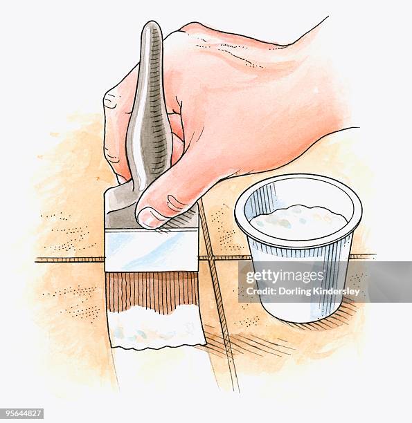 illustration of using paintbrush and pot of natural yoghurt to age patio paving slabs - yoghurt pot stock illustrations