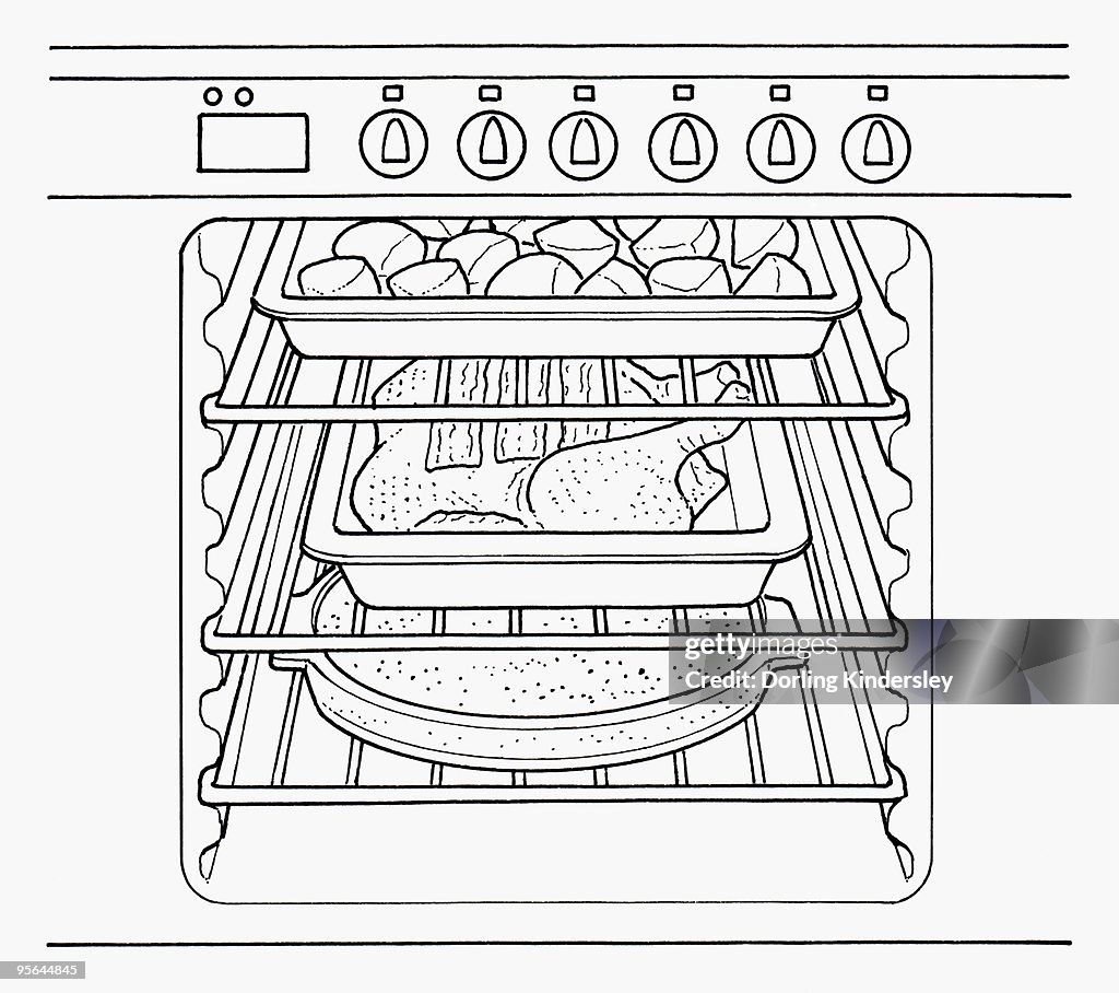 Black and white illustration roast dinner cooking in oven