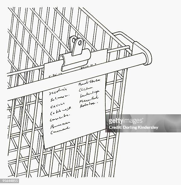 black and white illustration of shopping list clipped to trolley - shopping list stock-grafiken, -clipart, -cartoons und -symbole