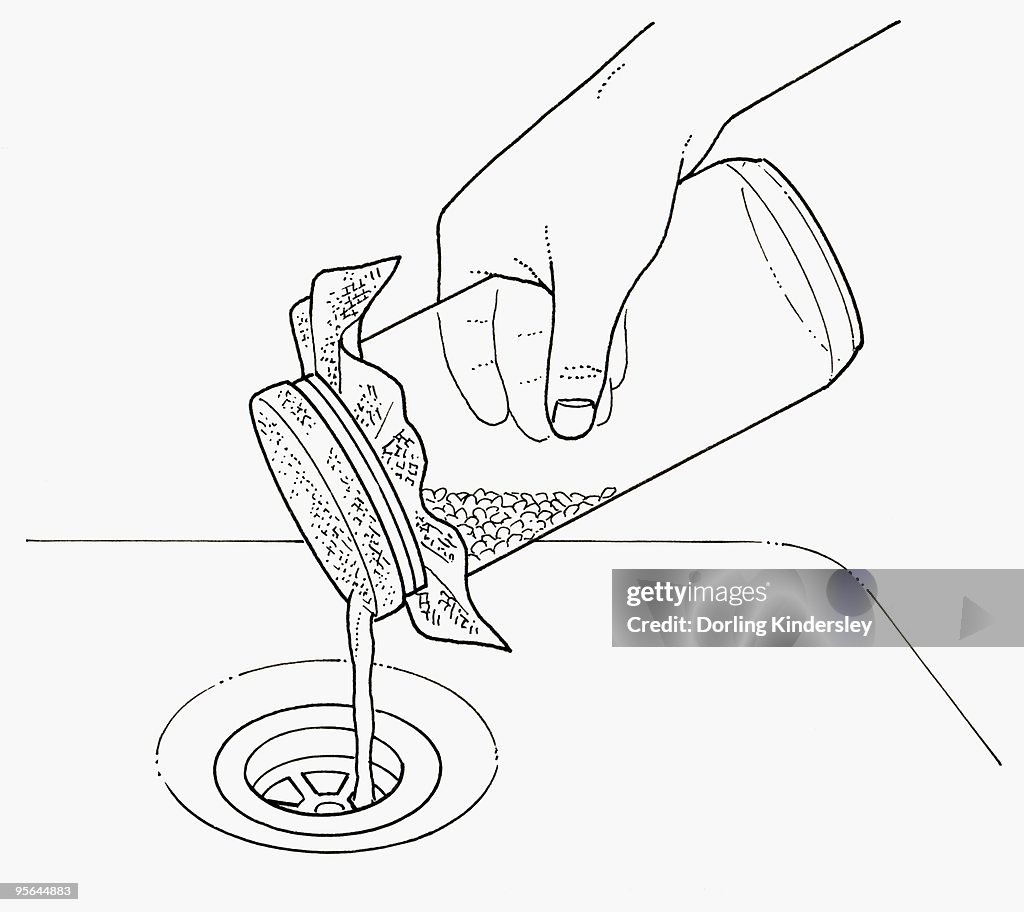 Black and white illustration of rinsing mung beans with water through muslin on top of jar