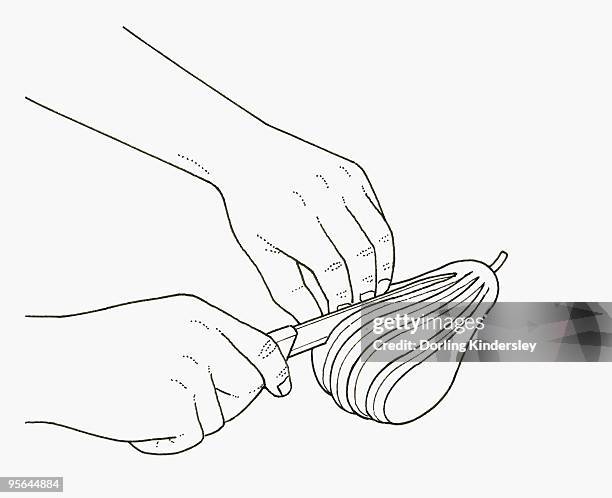 black and white illustration of using sharp knife to slice pear into fan shape - fan shape stock illustrations