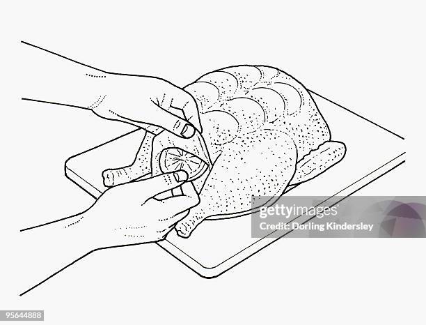 black and white illustration of flavouring raw chicken with slices of lemon positioned below breast  - lemon chicken stock illustrations