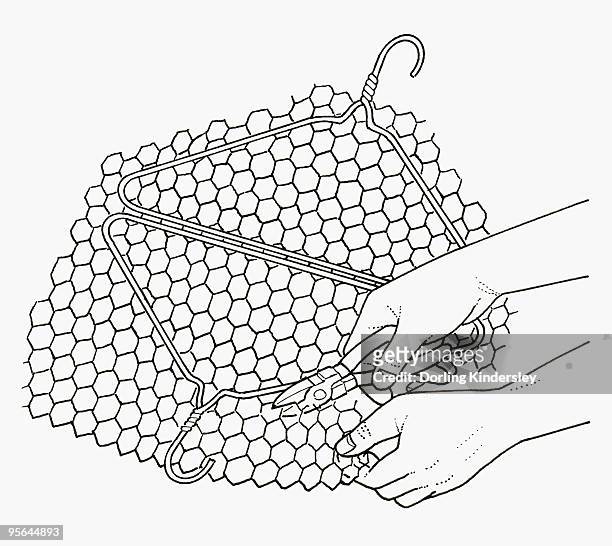 ilustraciones, imágenes clip art, dibujos animados e iconos de stock de black and white illustration of making hinged wire barbecue rack from coathanger and wire mesh - improvisar
