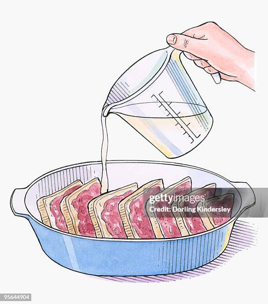 illustration showing pouring egg and milk on stale bread spread with butter and raspberry jam - measuring jug stock illustrations