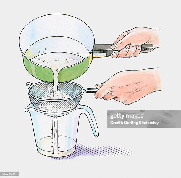 illustration showing removing water through sieve from boiled white rice in saucepan - water in measuring cup stock illustrations