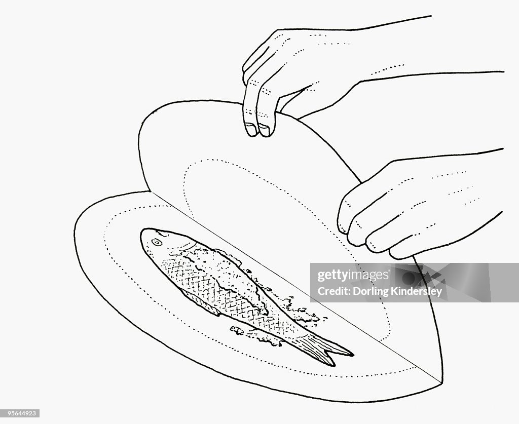 Black and white illustration of wrapping fish in nonstick baking parchment