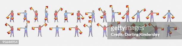 ilustraciones, imágenes clip art, dibujos animados e iconos de stock de illustration showing semaphore signalling using flags. - semaphore
