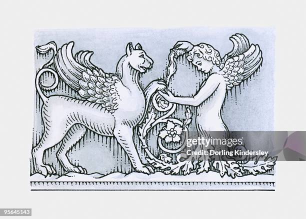 frieze depicting mythical winged animal and angel from ancient roman trajan's forum - trajan's forum stock pictures, royalty-free photos & images