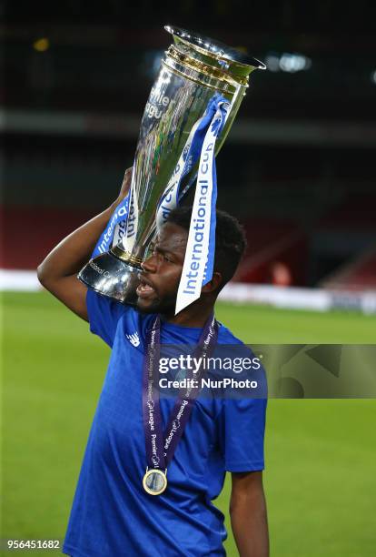 Moreto Cassama of FC Porto with Trophy After Premier League International Cup Final match between Arsenal Under 23 against Porto FC at Emirates...