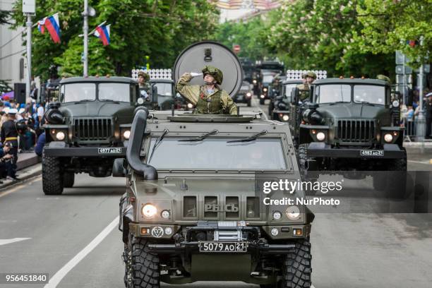 Soldier salutes during the militar parade of 9th May in Sevastopol, Ukraine, on May 9, 2018.