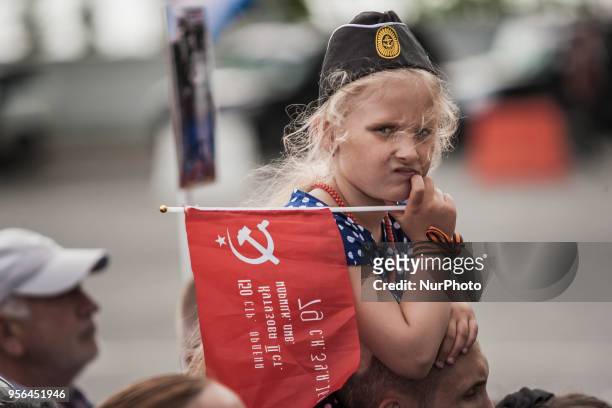 Child with soviet flag during the celebration of 9th May in Sevastopol, Ukraine, on May 9, 2018.