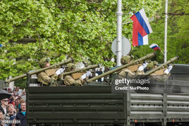 Soldiers with rocket launchers during the celebration of 9th May in Sevastopol, Ukraine, on May 9, 2018.