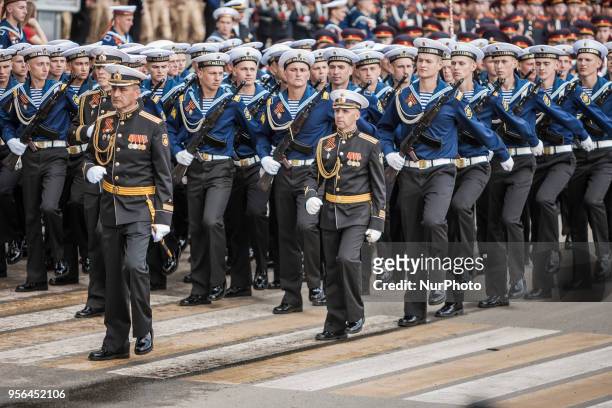 Military parade during the celebration of 9th May in Sevastopol, Ukraine, on May 9, 2018.