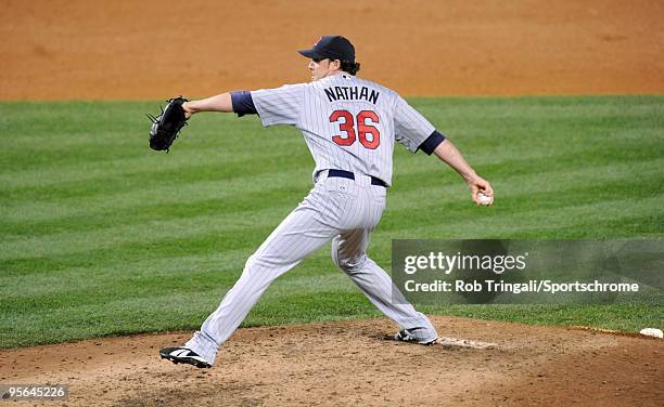 Joe Nathan of the Minnesota Twins against the New York Yankees in Game Two of the ALDS during the 2009 MLB Playoffs at Yankee Stadium on October 9,...
