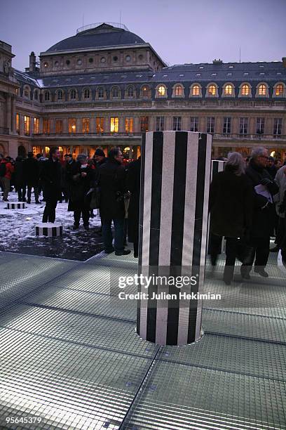 General view of the restored sculpture "Les Deux Plateaux" by architect Daniel Buren, in the Palais Royal gardens on January 8, 2010 in Paris, France.