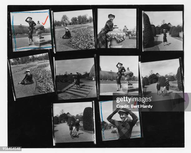 Contact sheet depicting actress Audrey Hepburn in Kew Gardens, London, May 1950. She is in London after a season performing in the revue, 'Sauce...