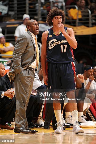 Head Coach Mike Brown of the Cleveland Cavaliers talks with his player Anderson Varejao during the game against the Los Angeles Lakers on December...