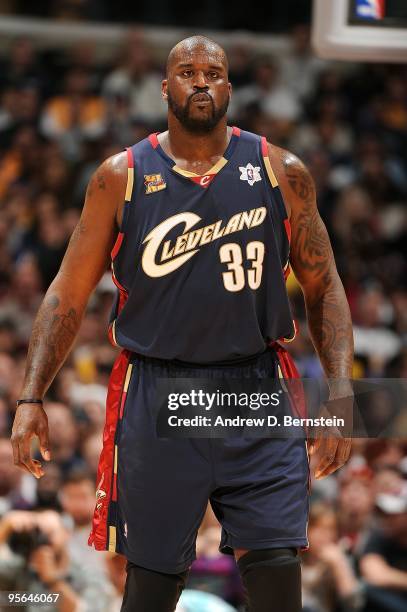 Shaquille O'Neal of the Cleveland Cavaliers reacts during the game against the Los Angeles Lakers on December 25, 2009 at Staples Center in Los...