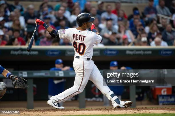 Gregorio Petit of the Minnesota Twins bats against the Toronto Blue Jays on May 1, 2018 at Target Field in Minneapolis, Minnesota. The Blue Jays...