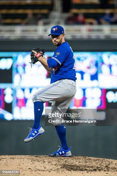 Marco Estrada of the Toronto Blue Jays pitches against the Minnesota Twins on May 1, 2018 at Target Field in Minneapolis, Minnesota. The Blue Jays...