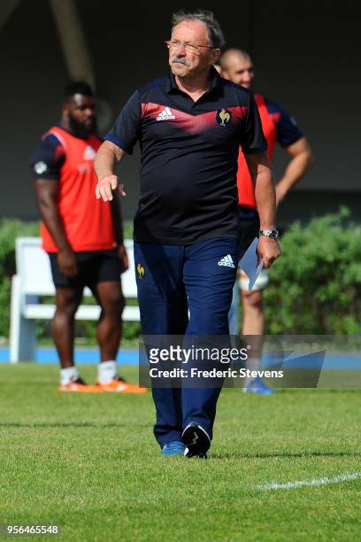 Head coach France rugby team Jacques Brunel during a training session at National center of rugby, on May 9, 2018 in Marcoussis, France.