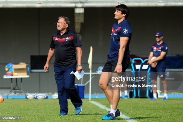 Head coach France rugby team Jacques Brunel and France player Francois Trinh Duc during a training session at National center of rugby, on May 9,...