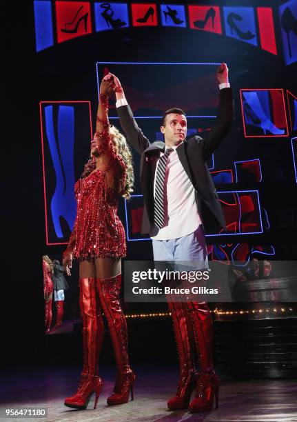 Harrison Ghee as "Lola" and "Neon Trees" Lead Singer Tyler Glenn as "Charlie Price" during Tyler Glenn's opening night curtain call in the hit...