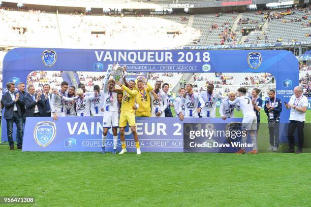 Captain Calvin Bombo and goalkeeper Yehvann Diouf of Troyes lifts the trophy as his team celebrate winning the U19 National Cup Final match between...