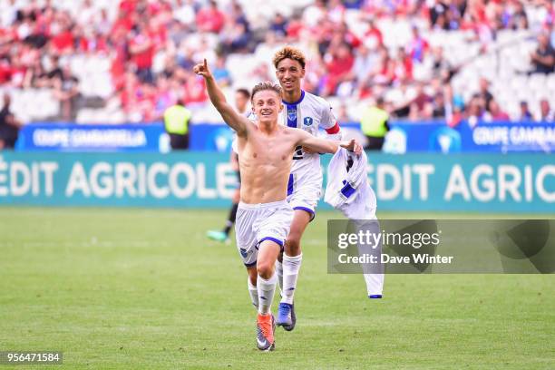 Julien Masson and Calvin Bombo of Troyes celebrate winning the U19 National Cup Final match between Tours and Troyes at Stade de France on May 8,...