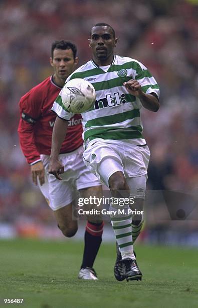 Didier Agathe of Celtic in action during the Ryan Giggs Testimonial match against Manchester United played at Old Trafford, in Manchester, England....