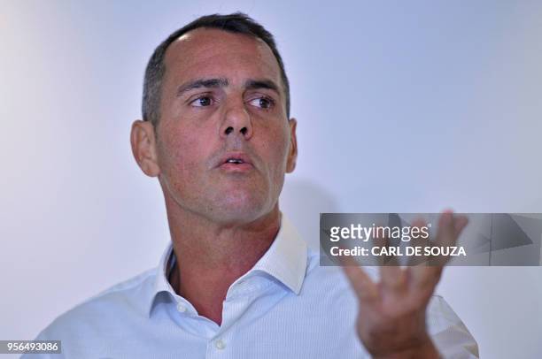 Councilor Marcello Siciliano speaks during a press conference in Rio de Janeiro, Brazil on May 9, 2018. - Siciliano has been accused by an...