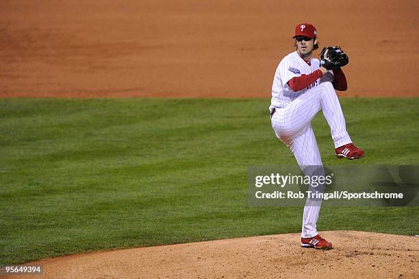 Cole Hamels of the Philadelphia Phillies pitches against the New York Yankees in Game Three of the 2009 MLB World Series at Citizens Bank Park on...