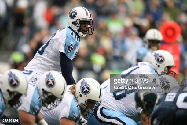 Vince Young of the Tennessee Titans stands under center during the game against the Seattle Seahawks on January 3, 2010 at Qwest Field in Seattle,...
