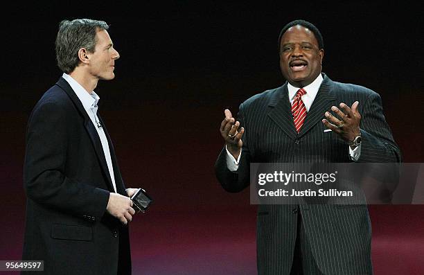 Sportscaster James Brown speaks during a keynote address by Qualcomm Chairman and CEO Paul E. Jacobs during the 2010 International Consumer...