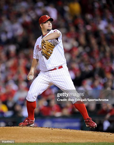 Joe Blanton of the Philadelphia Phillies pitches during Game Four of the 2009 MLB World Series against the New York Yankees in at Citizens Bank Park...