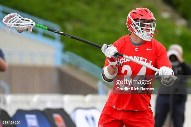 Jake Pulver of the Cornell Big Red controls the ball against the Yale Bulldogs during the 2018 Ivy League Men's Lacrosse Championship at Lawrence A....