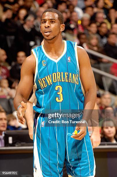 Chris Paul of the New Orleans Hornets reacts during the game against the Toronto Raptors on December 20, 2009 at Air Canada Centre in Toronto,...