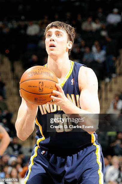 Tyler Hansbrough of the Indiana Pacers shoots a free throw during the game against the San Antonio Spurs on December 19, 2009 at the AT&T Center in...