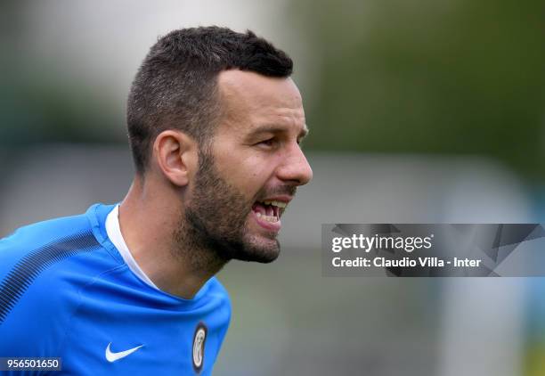 Samir Handanovic of FC Internazionale reacts during the FC Internazionale training session at the club's training ground Suning Training Center in...