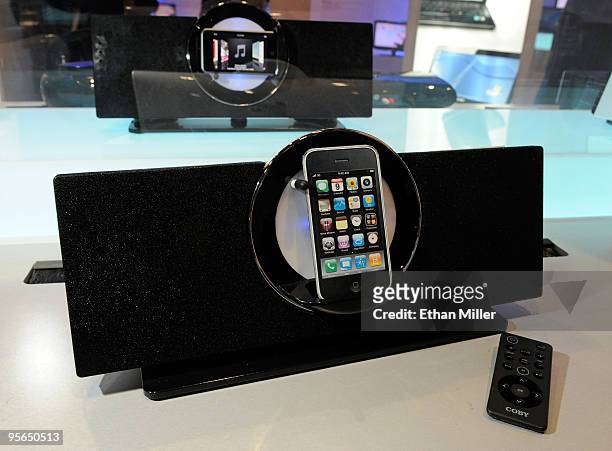 Vitruvian CSMP175 speaker system by Coby, a dock for iPhones, iPods and other devices, is displayed at the 2010 International Consumer Electronics...